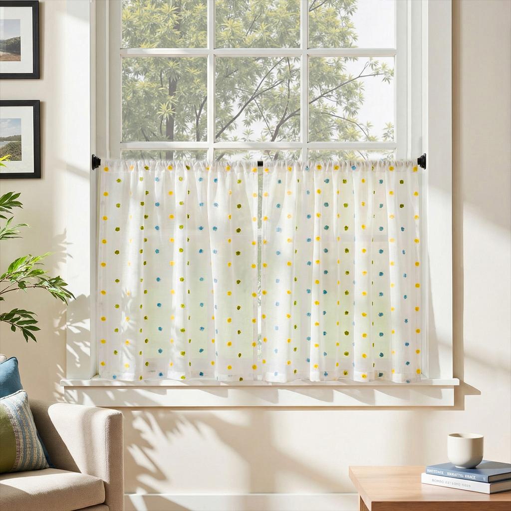 Kitchen Curtains, 2-Piece Set, Polka Dot Jacquard, Rod Pocket Top