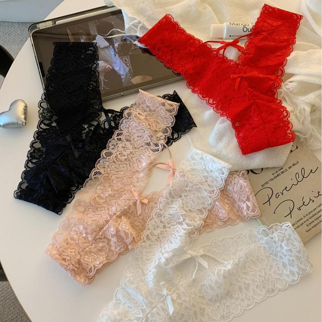 Women's Sexy Ultra-Thin Jacquard Lace Panties with Bowknot and Criss-Cross Straps - Mid-Waist Triangle Briefs