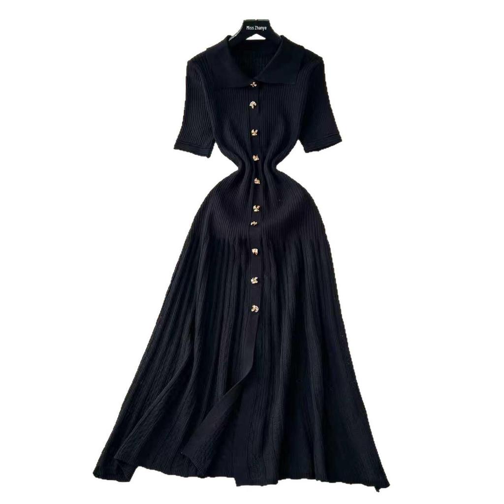 2026 Summer Korean Style Women's Polo Collar Short Sleeve Wool Knit Dress, Waist-Cinching, Slimming Long Dress.