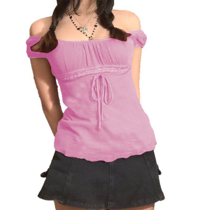 

Foreign Trade Women clothes Mesh Lace Shirt Top Women s New Sexy Temperament Pullover Bow Waist Hugging Top Chiffon Shirt Pink XL