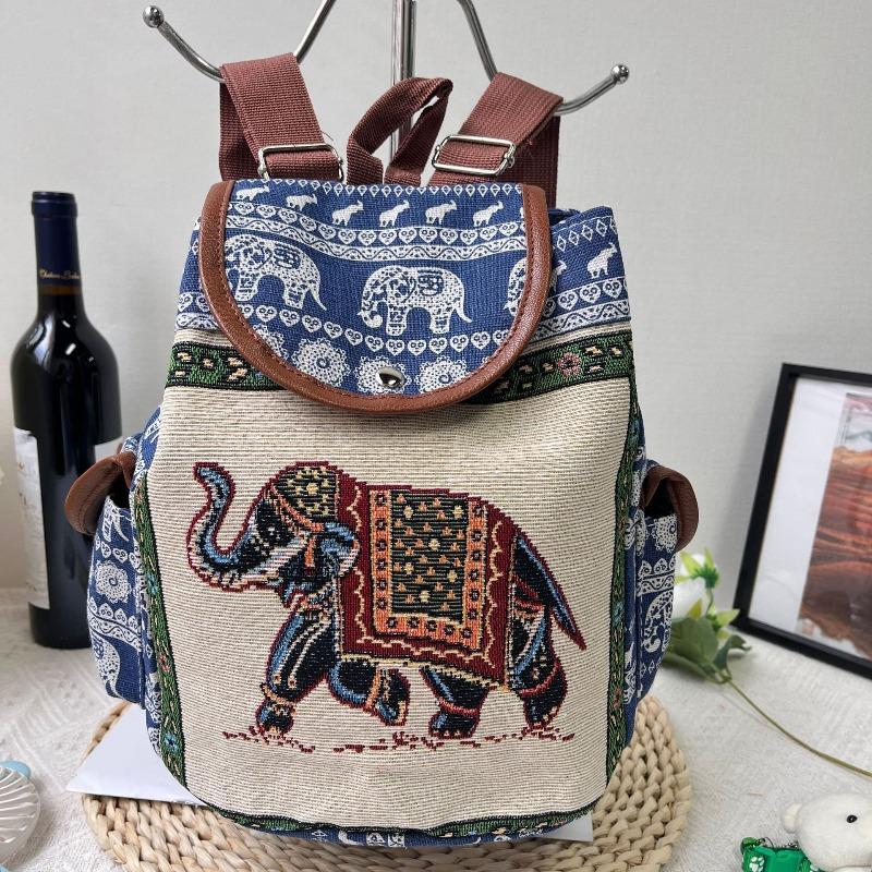 Damen Ethnisch Elefantenmuster Rucksack Leinwand Kordelzug Schultasche Vintage Reise Tagesrucksack Umhängetasche