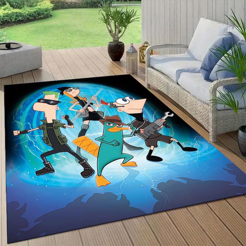 Phineas and Ferb2 Flannel Pattern Square Carpet,Area Rug,Carpet Rug for Living Room Bedroom Sofa Playroom Decor,Non-slip Floor Mat