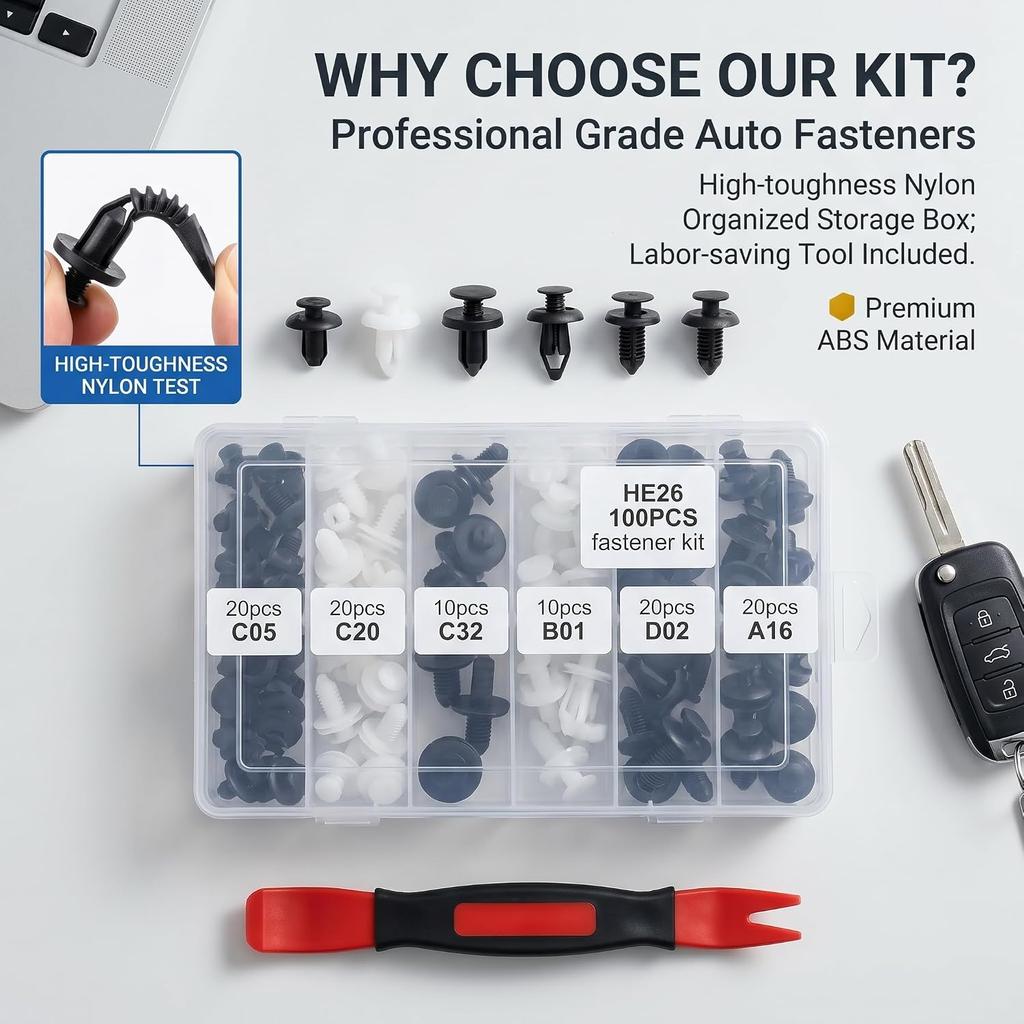 100 Pcs Car Bumper Clips Kit, Car Plastic Rivets Fasteners Push Retainer Kit with Sizes Auto Push Pin Rivets Set, Universal Expansion Screw Clips