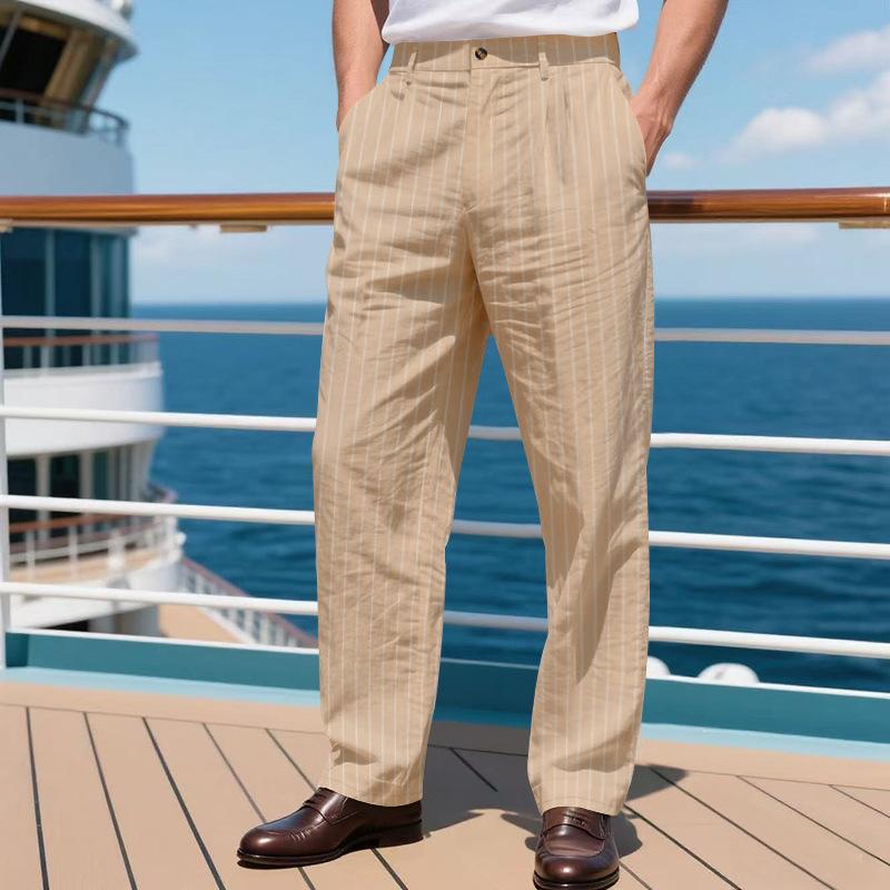 Men's Linen-Blend Relaxed Fit Breathable Casual Trousers with Vertical Stripes and Straight Leg Design