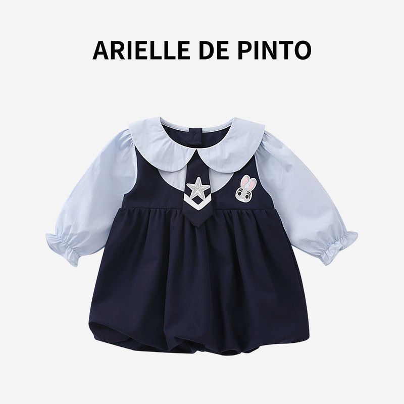 French Arielle De Pinto Girls  Dress Spring and Autumn Bunny Police Officer Stylish Cute Faux Two-Piece Dress Navy blue 73