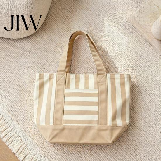 Durable Canvas Bag Striped Tote Bag, Stylish Reusable Grocery with Shoulder Strap Front Pocket, for Shopping Picnic Commuting Large