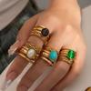 Stainless Steel Geometric Hollow Ring Hollow Pattern Colored Stone Ring Open Ring  For Women
