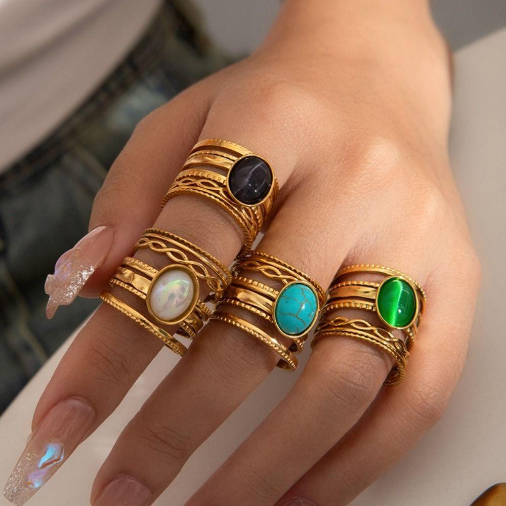 Stainless Steel Geometric Hollow Ring Hollow Pattern Colored Stone Ring Open Ring For Women