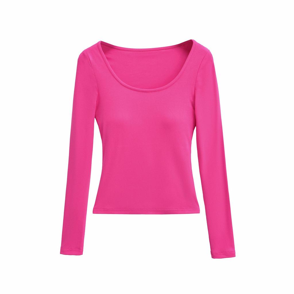 2025 Autumn/Winter Women's Sexy Slim-Fit Long-Sleeve T-Shirt with Built-in Bra and U-Neck