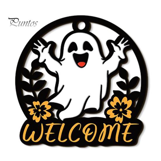 Decorative Wood Craft for Shop Halloween Ghost Pumpkin Round Wooden Welcome Door Hanger, Wall Plaque Spooky Party Favors with Rope, Hanging