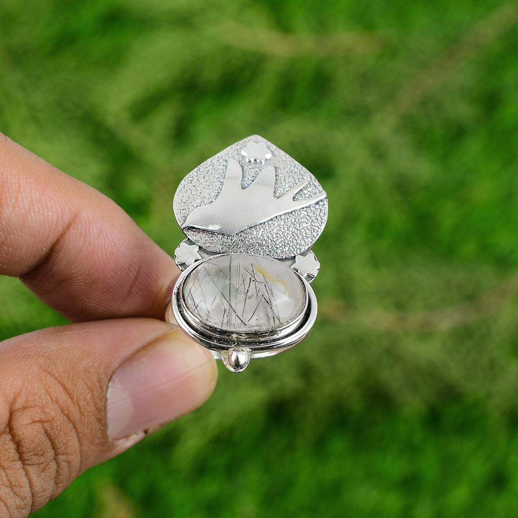 Natural Black Rutilated Quartz 925 Silver Bird Adjustable Ring For Women