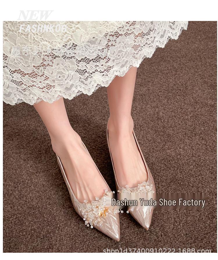 Franska Silver Pärla Strass Bröllopsballerinaskor Högklackade Skor Dold Klack Skor för Kvinnor