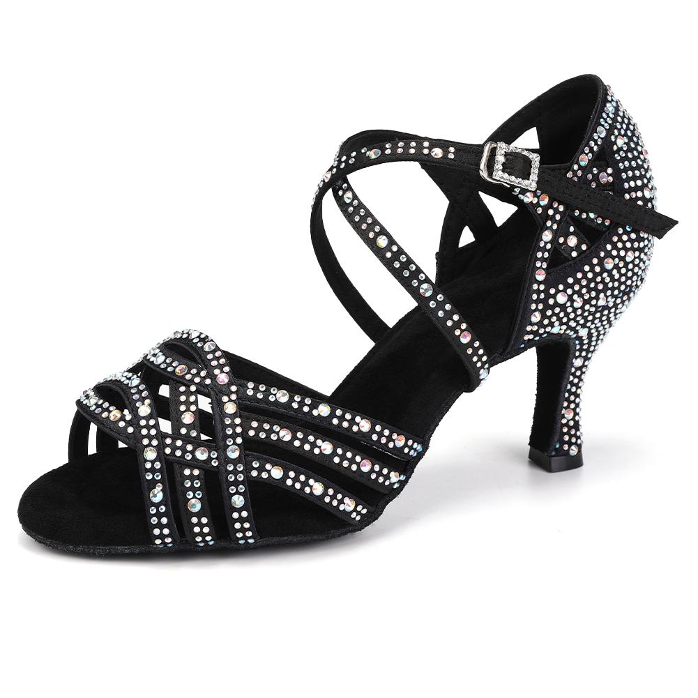 

Satin Latin Dance Shoes for Women Adult Sexy High Heels Rhinestones Ballroom Dance Shoes Tango Salsa Heeled 7.5cm 35 чорний