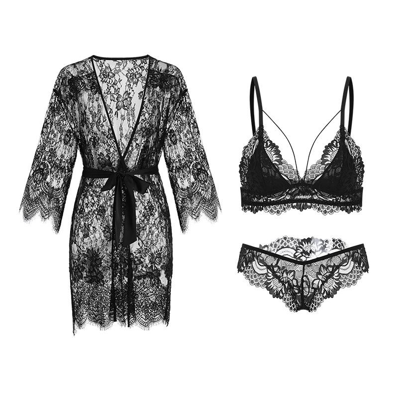 Women's Lace Sheer Lace Up Comfy Robe Sleepwear Set