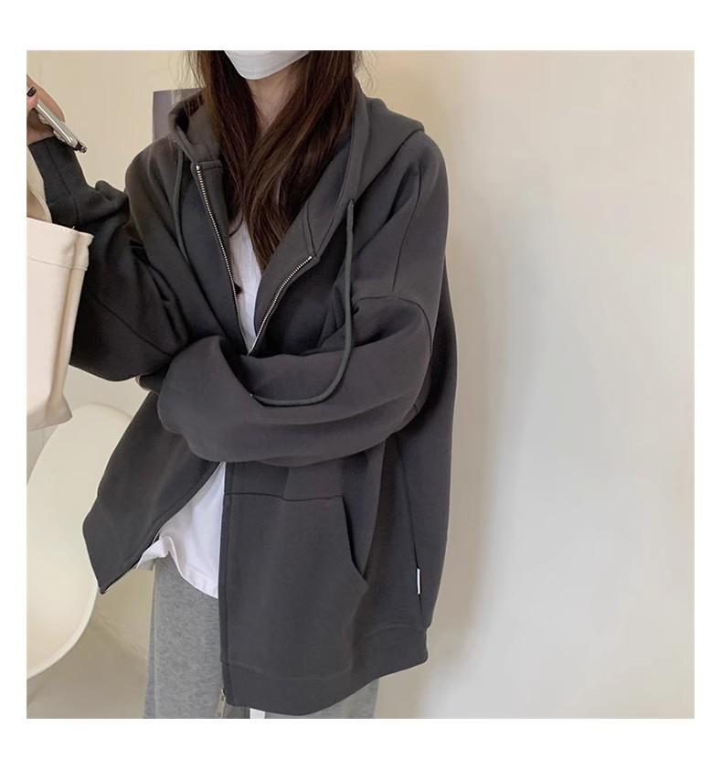 Felpa con cappuccio e zip foderata in pile da donna - Stile coreano pigro, Cardigan spesso per la primavera e l'autunno 2024.