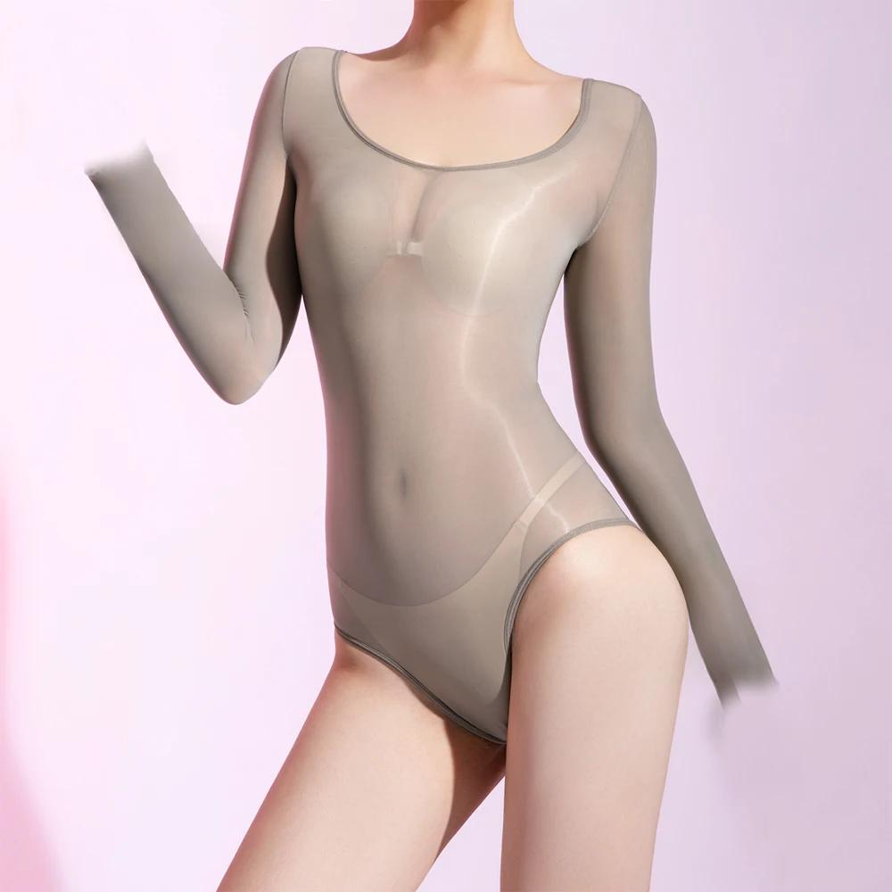 Sexy Women 5D Glove Sleeve Bodysuit Sheer See Through Oil Glossy Shiny Elastic Tights Yoga Shaping Leotard Maid Dance Wear