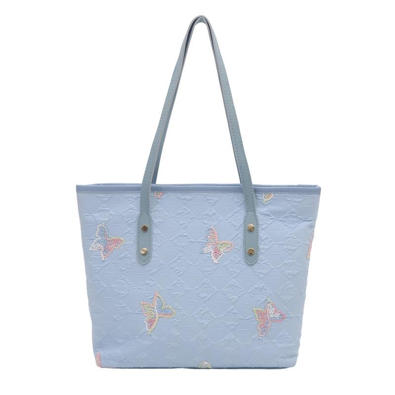 Large Capacity New Casual and Stylish Embroidered Butterfly Shoulder Bag, Sweet and Artistic Handbag, Zipper Closure Tote Bags синий