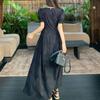 Plus Size Elegant Hollow Patchwork Black Dress, Short Sleeve, French Style, Waist-Cinching Slimming