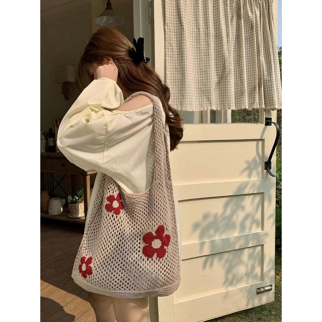 Crochet Handbag Women's Aesthetic Handbag Light Brown with Red Flowers 38*60CM