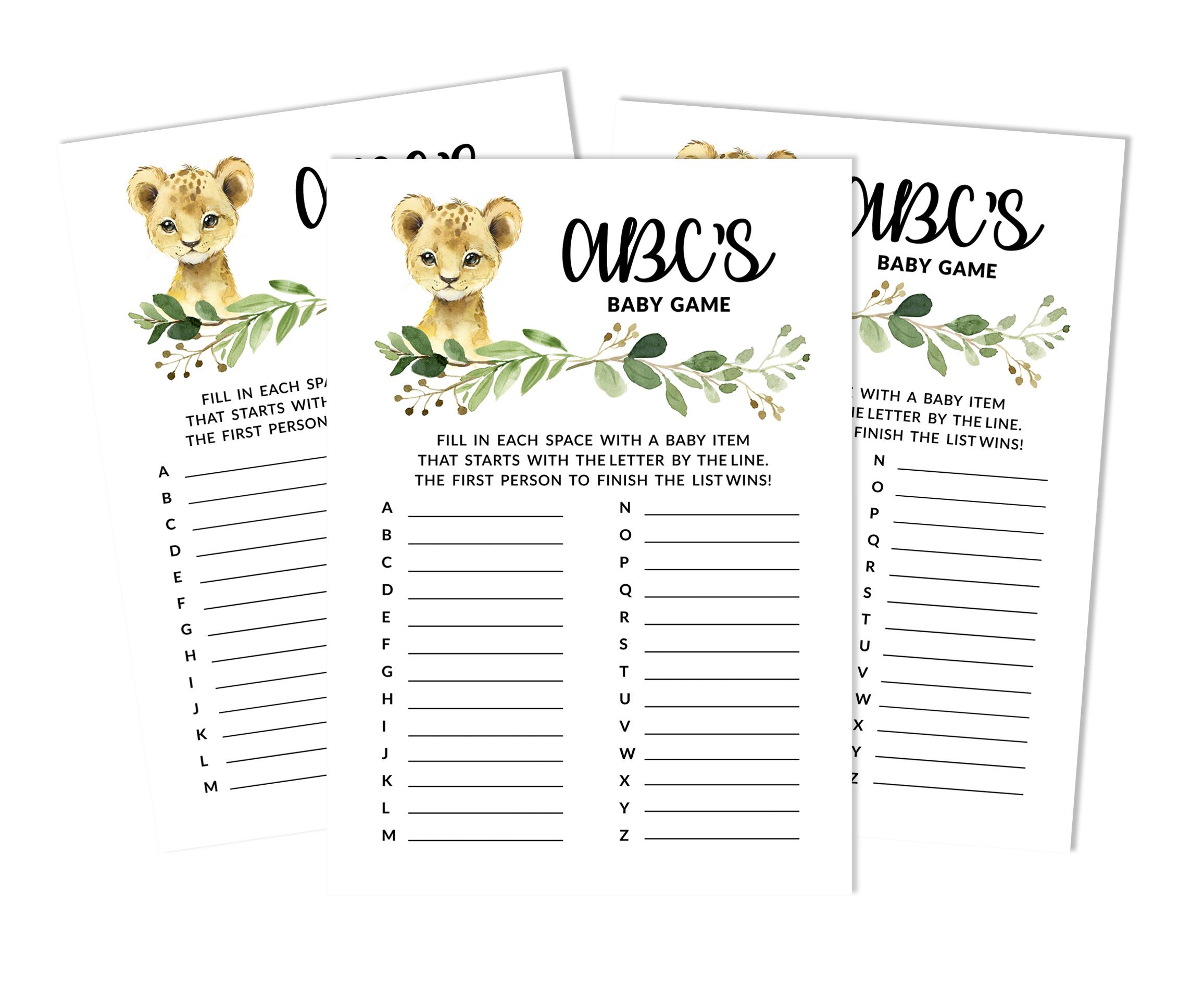 

Inkdotpot Baby Shower Game Set of 50 BabyA AlphabetA ABCA Game Baby Cheetah Jungle Animals Party 5 x 7 Inches