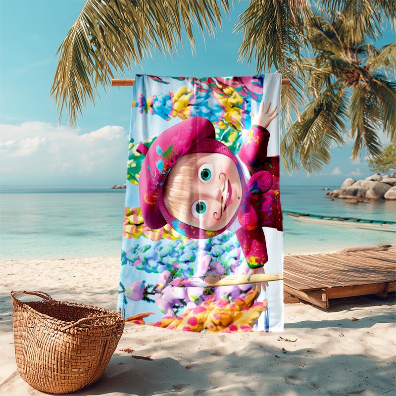 Fairy Tale Cute Cartoon Masha and the Bear Beach Towel, Outdoor Camping Beach Towel for Vacation Swimming, Outdoor Pool, Absorbent Bath Towel, H8
