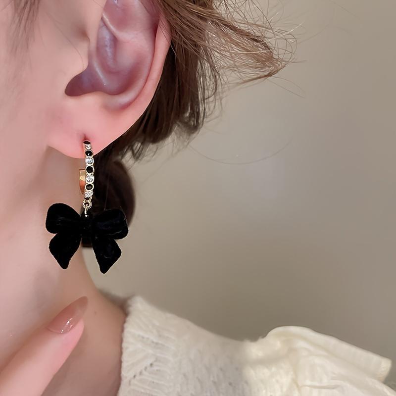 Sweet Bowknots Cubic Zirconia Flocked Earrings For Women Girls Elegant Red Black Ear Accessories Fashion Jewelry Exquisite Gifts