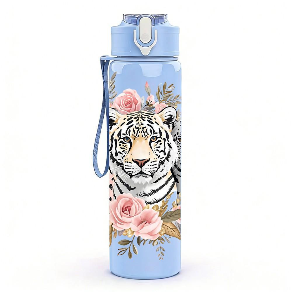 1PC Tiger Flower Wildlife 750ml Color Plastic Sports Water Bottle Leakproof Flip Straw Lid Suitable for Sports Office Home Use