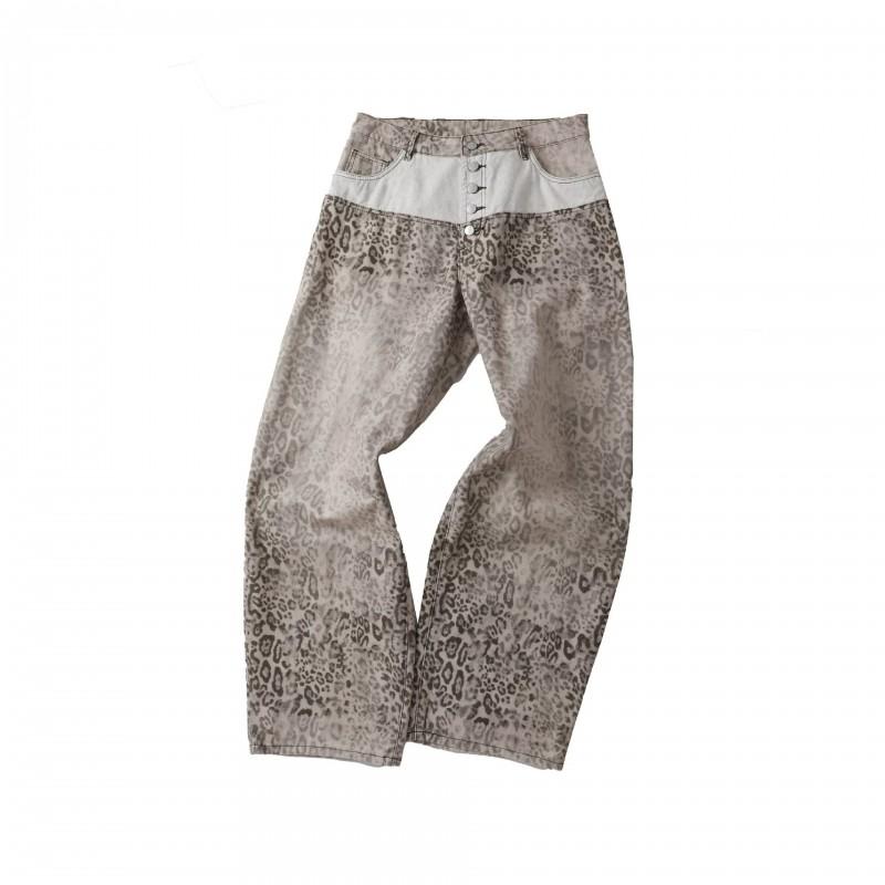 Mens Baggy Jeans Leopard Print Patchwork Relaxed Straight Leg Vintage Casual Pants