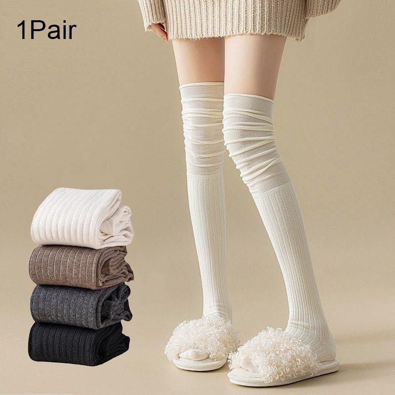 Women Thin Washable Solid Casual Long Stacked Vintage Knee-High Socks Fashion High Elasticity Outdoor Polyester Stockings 1 Pair