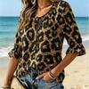 Women's Glitter Gold Leopard Print Tie Split Neck Ruffle 3/4 Sleeve Fashion Loose Blouse