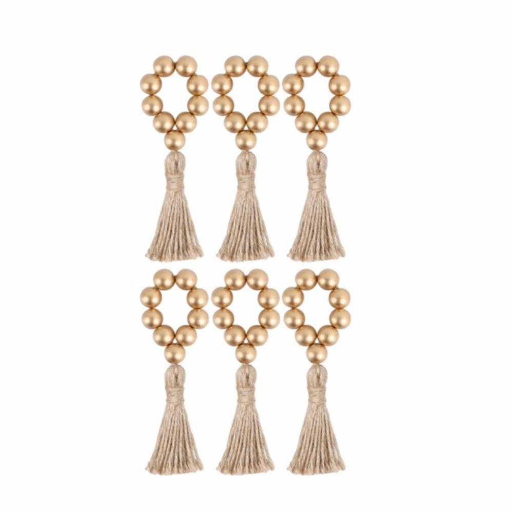 

6 pieces Farmhouse Style Wooden Bead Napkin Rings Adjustable Handmade Napkin Buckle with Tassel Napkin Holder Home Decoration