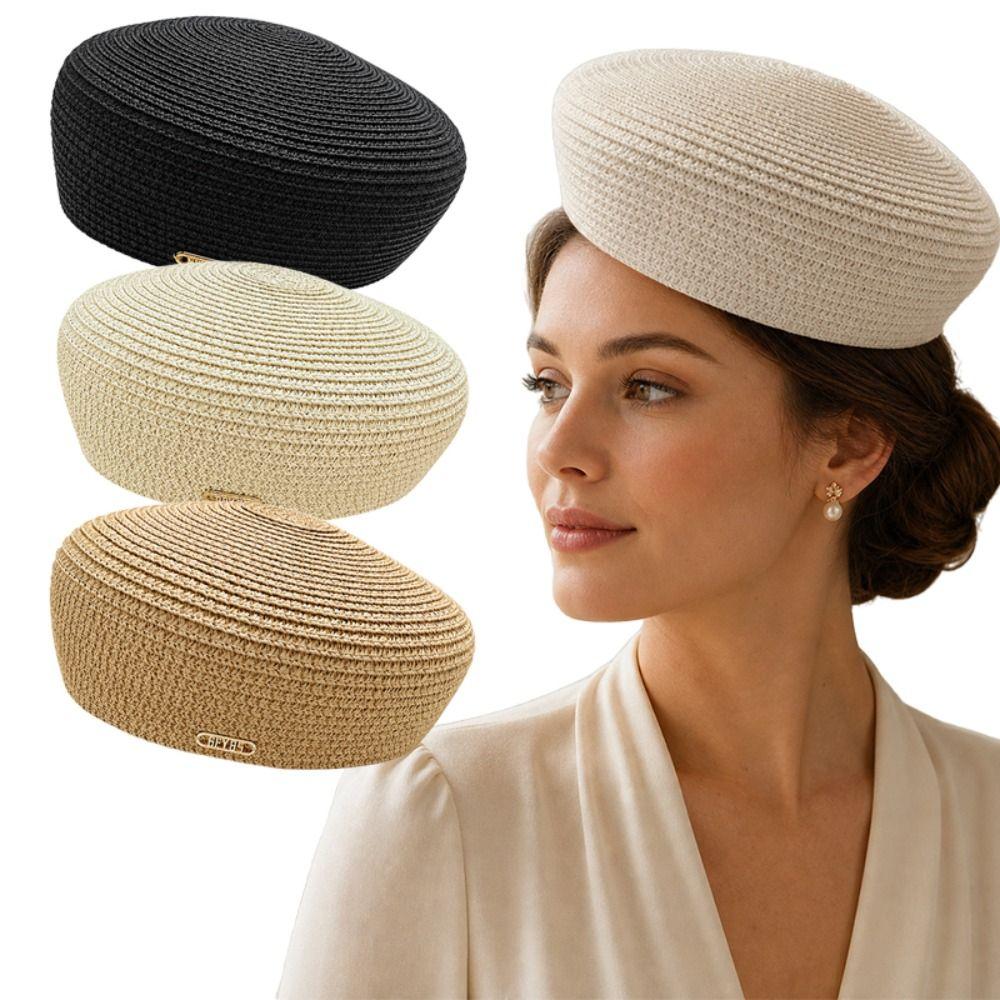 Solid Women's Straw Pillbox Hat Structured Crown Painter Hat New Round Dress Hat  Formal Occasions