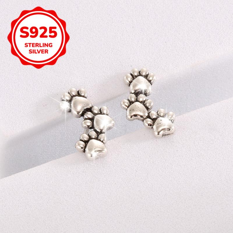 

2 pieces of women s fashionable stud earrings - S925 sterling silver shining simple dog footprint retro aged color cute ahion