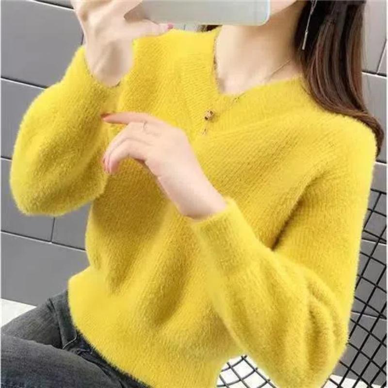 

Новый вязаный базовый свитер для женщин, свободный ленивый стиль, модный воротник в виде куриного сердца, пуловер, норковый вельвет XXL жёлтый