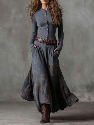 Vestido Falda Patchwork a Cuadros de Ante con Bolsillos y Cinturón de Botones - Estilo para Ir al Trabajo