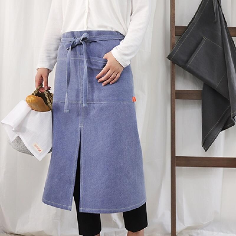 Front-slit waist apron (2 colors) (indigo/pig black) indigo blue