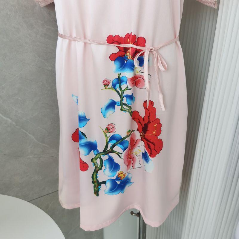 Silk Pajamas for Women 2022 New Arrival Summer Thin Short-Sleeved Lace Nightdress V Neck Pink Flower Sleeping Dress