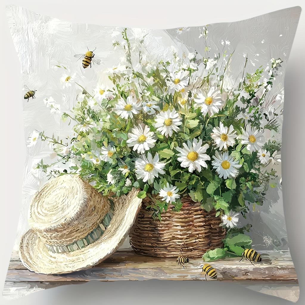 4 Pack Spring Daisy Pillowcases 45x45cm Whimsical Country Chic Cushion Covers Car Bike Hat Floral for Living Room Gift
