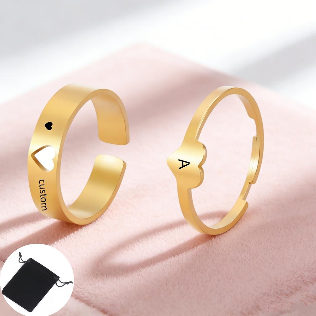 Customized Name Letter Heart Shaped Couple Ring Stainless Steel Simple Love Open Adjustable Ring Fashion Couple Gift