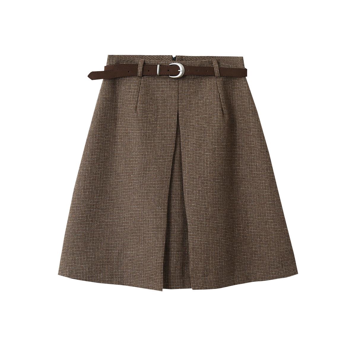 Oufan Chic Black Retro Plaid High-Waisted A-Line Wool Midi Skirt for Women Small