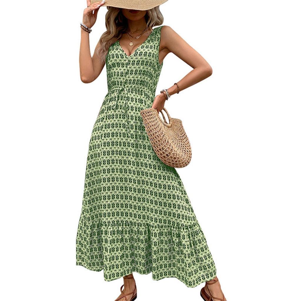 Summer Women Elegant High Waist Geometric Print Sleeveless Dress European American Casual Fashion Streetwear
