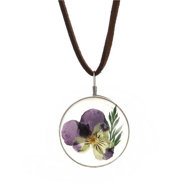 One Side Dried Sunflower Necklace Oval Pendant Flower Pressed Necklace for Women Girls (Pansy