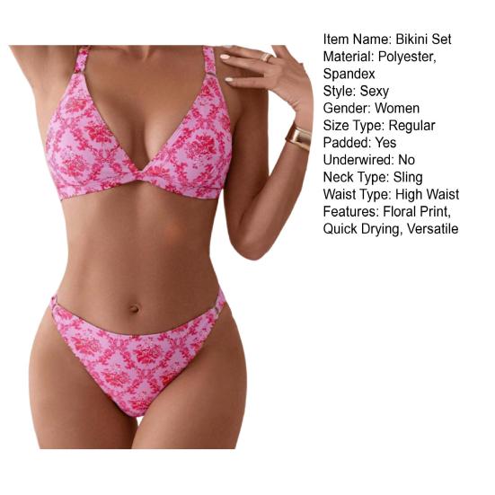 2Pcs/Set Sexy Bikini Set Floral Print Triangle String High Cut Swimsuit Adjustable