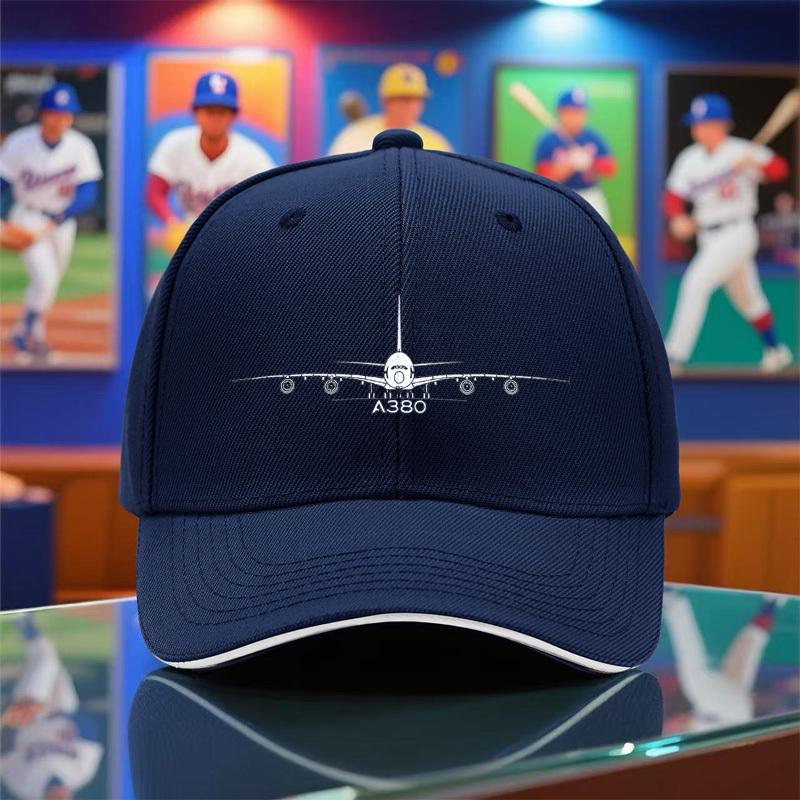 1pc A380 Airplane Print Baseball Cap  Lightweight Breathable Black Snapback Hat for Outdoor Activities Camping Travel