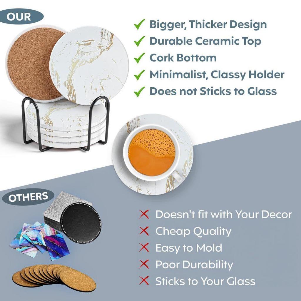 Ceramic Coasters with Matt Finish On Top & Cork Base | Coasters for Cups Set of 6 |