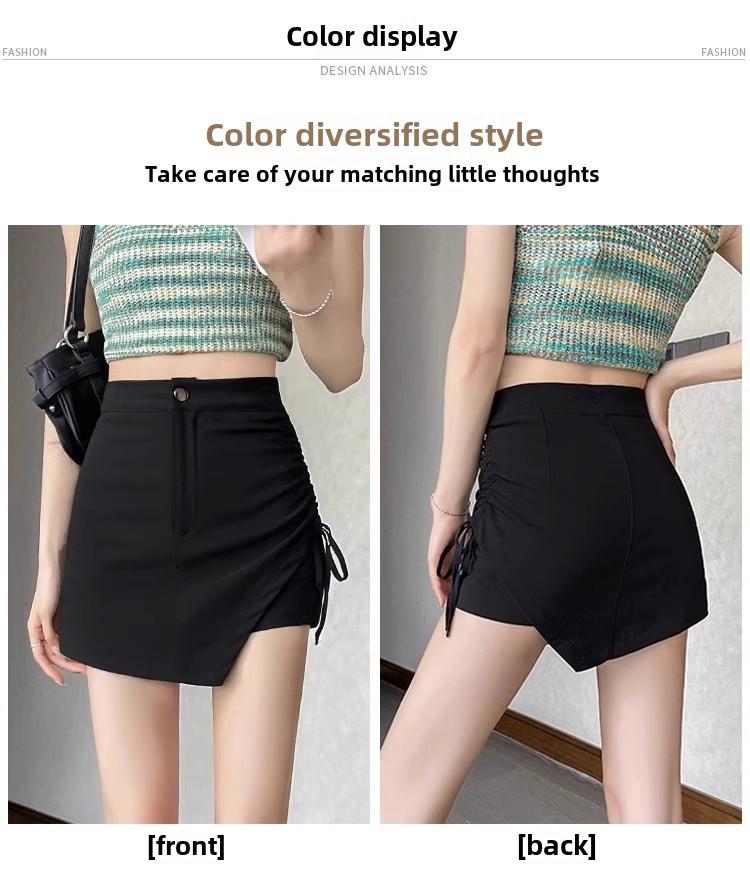 2024 Damen Schwarzer High Waist A-Linien Plissierter Kurzer Rock mit Kordelzug