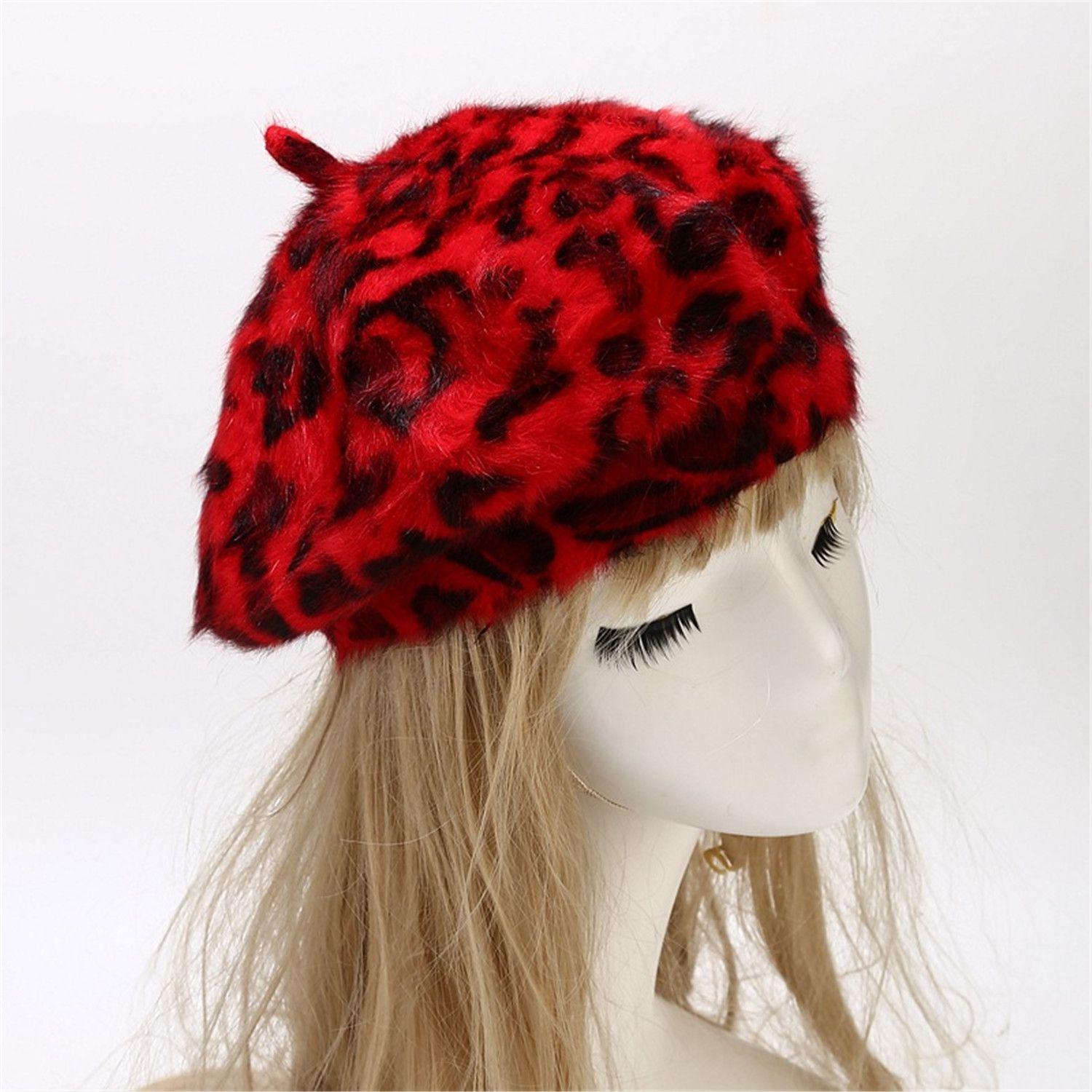 

French Style Winter Warm Beanie Hat Leopard Print Hat Beret French Hat Berets for Women червоний