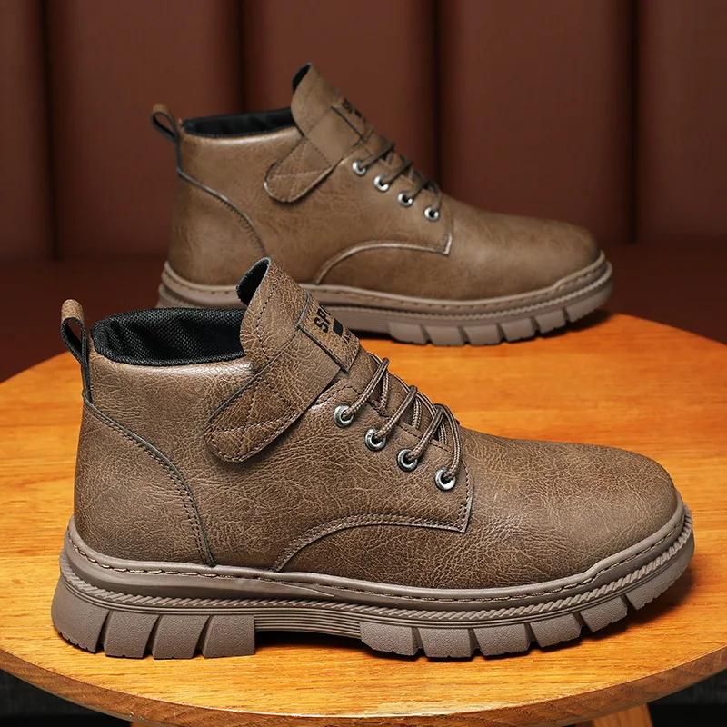 Men s Shoes 2026  Autumn New High Top British Style Mid Top Leather Boots Workwear Waterproof Elevated Men s Climbing Boots 39 коричневый
