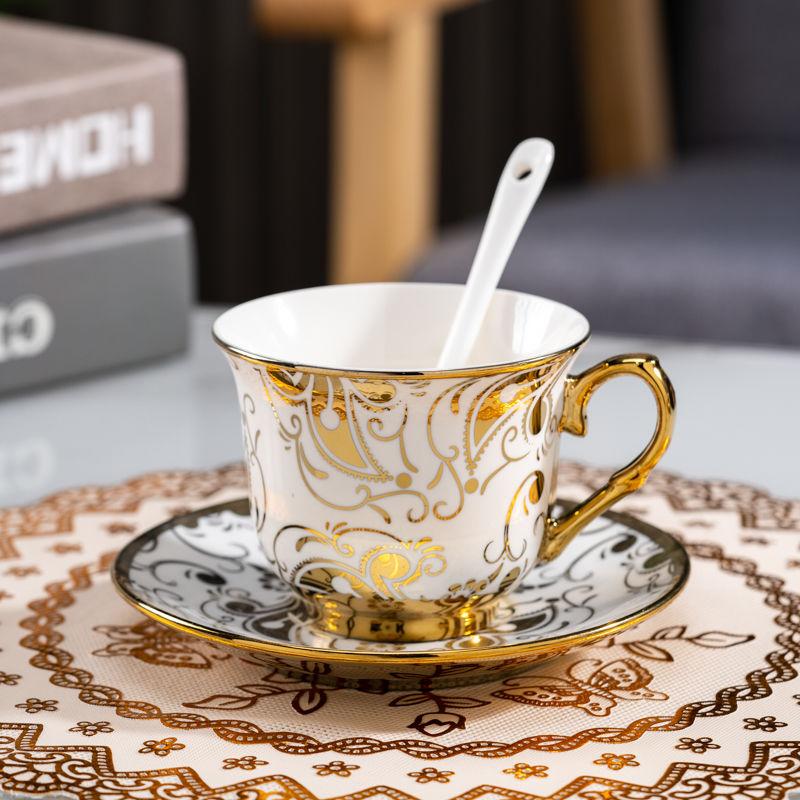 Luxurious 220ml Gold-Plated Porcelain Coffee Cup & Saucer Set with Spoon – Elegant Floral Design