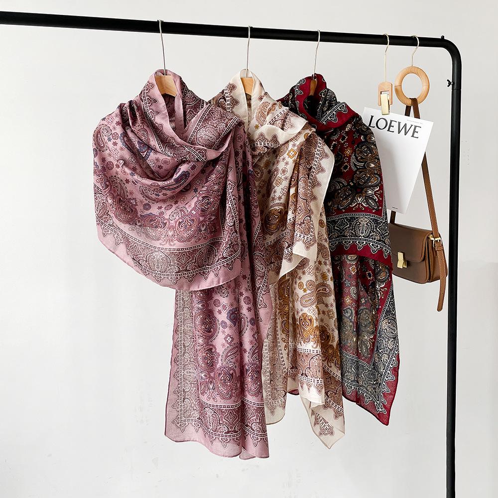 New cotton and linen scarf women's autumn high-end silk scarf soft cashew print angora red shawl headscarf